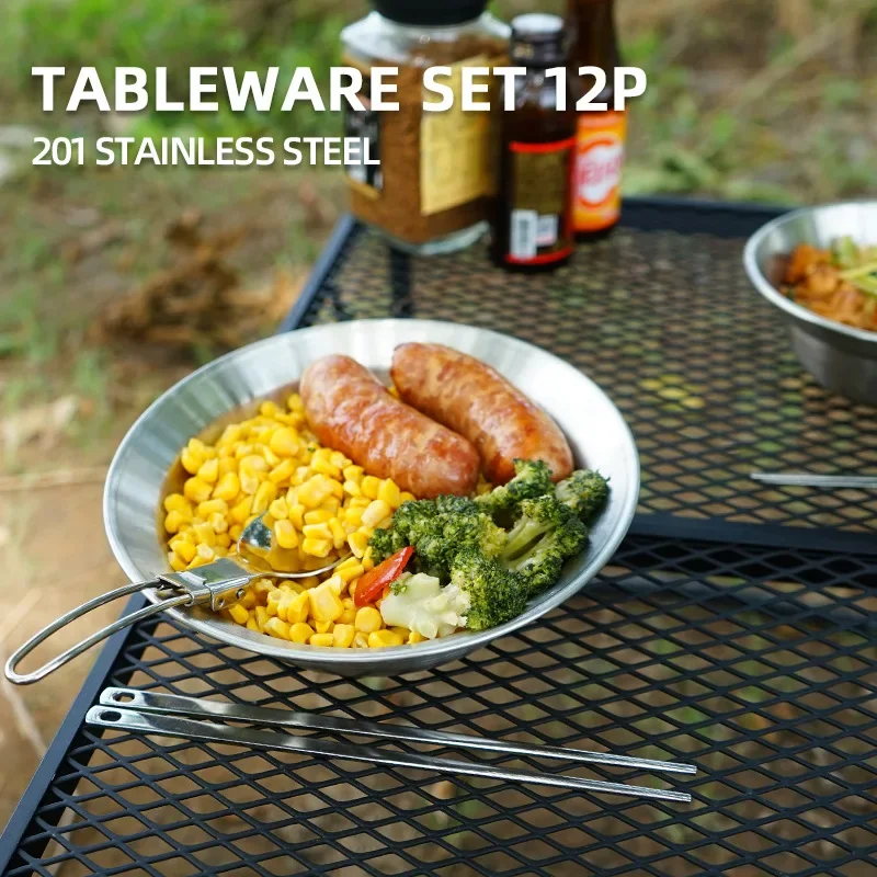 Camping Cooking Dining Set - ชุดภาชนะใส่อาหารแบบพกพา 12 ชิ้น สำหรับการตั้งแคมป์ การเดินทางด้วยรถยนต์ และบาร์บีคิว