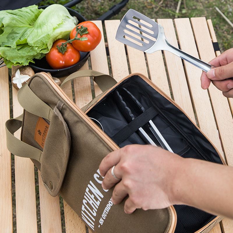Camping Cooking Organizer - ชุดเครื่องครัวแคมป์ปิ้ง 8 ชิ้น พร้อมกระเป๋าพกพา อุปกรณ์ทำครัวสำหรับเดินทางกลางแจ้ง กระเป๋าเก็บของ